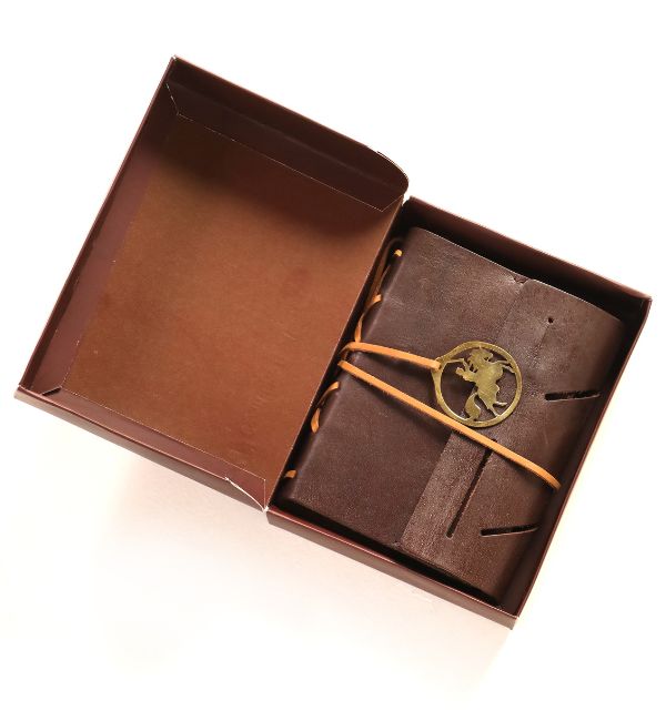Leather journal cover in gift-ready packaging